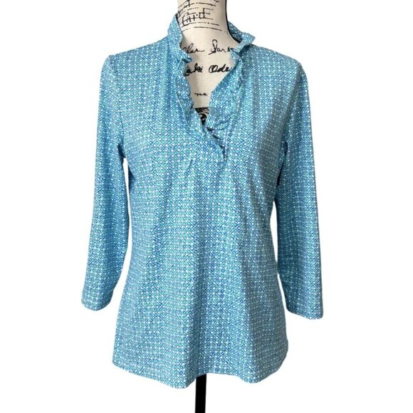J. McLaughlin Womens Catalina Cloth Top 3/4 Sleeve Blue Print Ruffle-Neck Size L - Picture 1 of 8